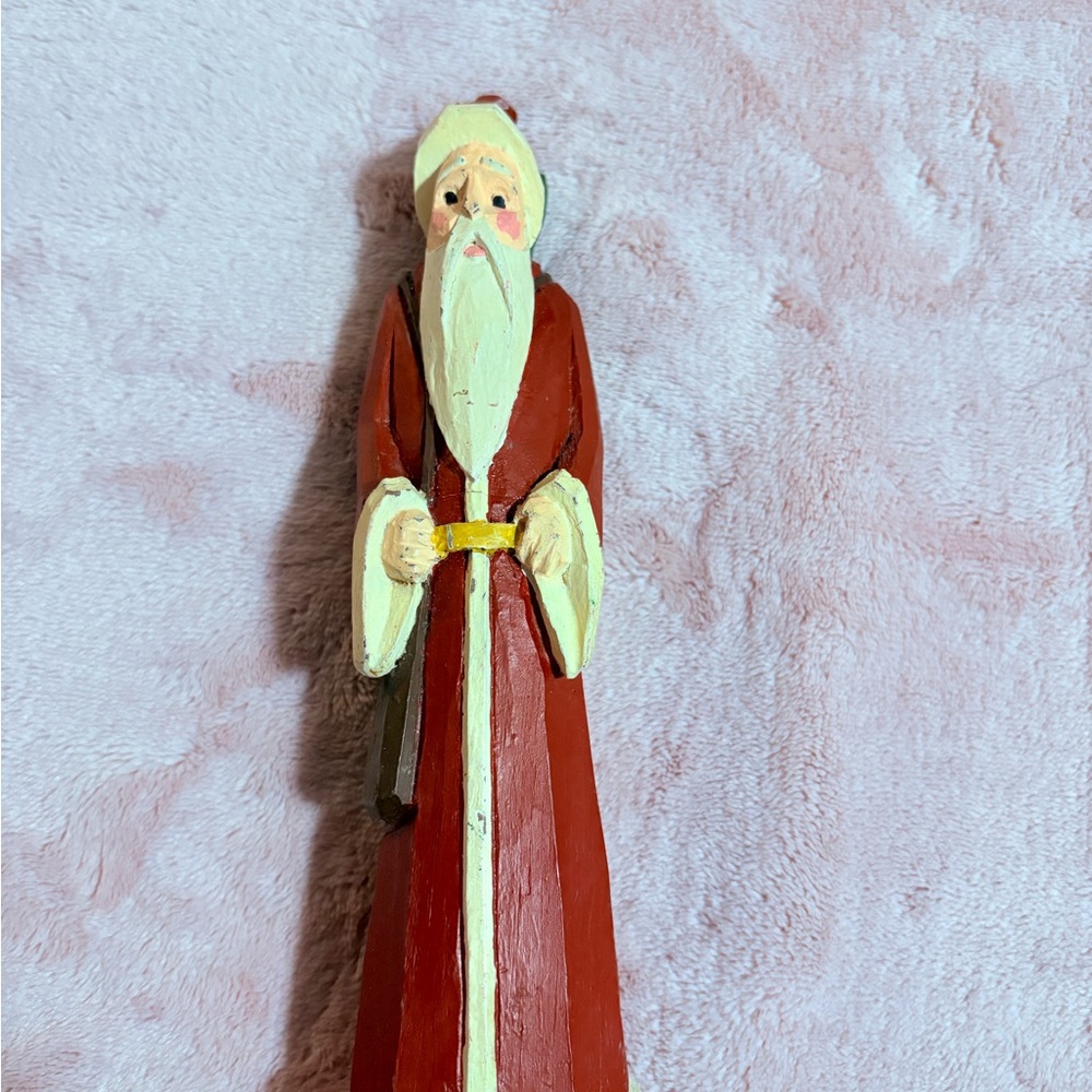 Vintage Christmas Wooden‎ Carved Hand Painted Santa Claus With Christmas Tree